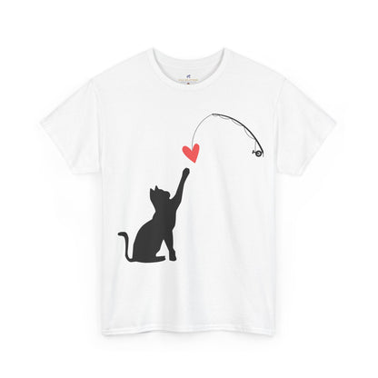 VS Cat Playing Unisex White Tee, Cute Feline Graphic Top.
