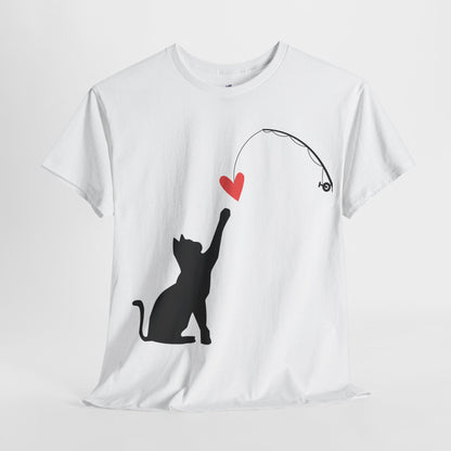 VS Cat Playing Unisex White Tee, Cute Feline Graphic Top.