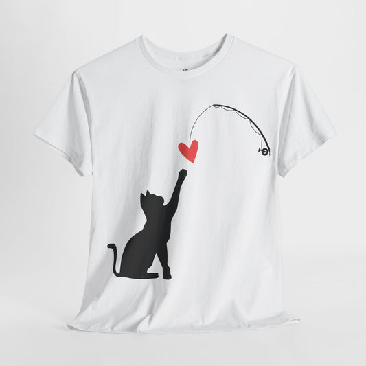 VS Cat Playing Unisex White Tee, Cute Feline Graphic Top.