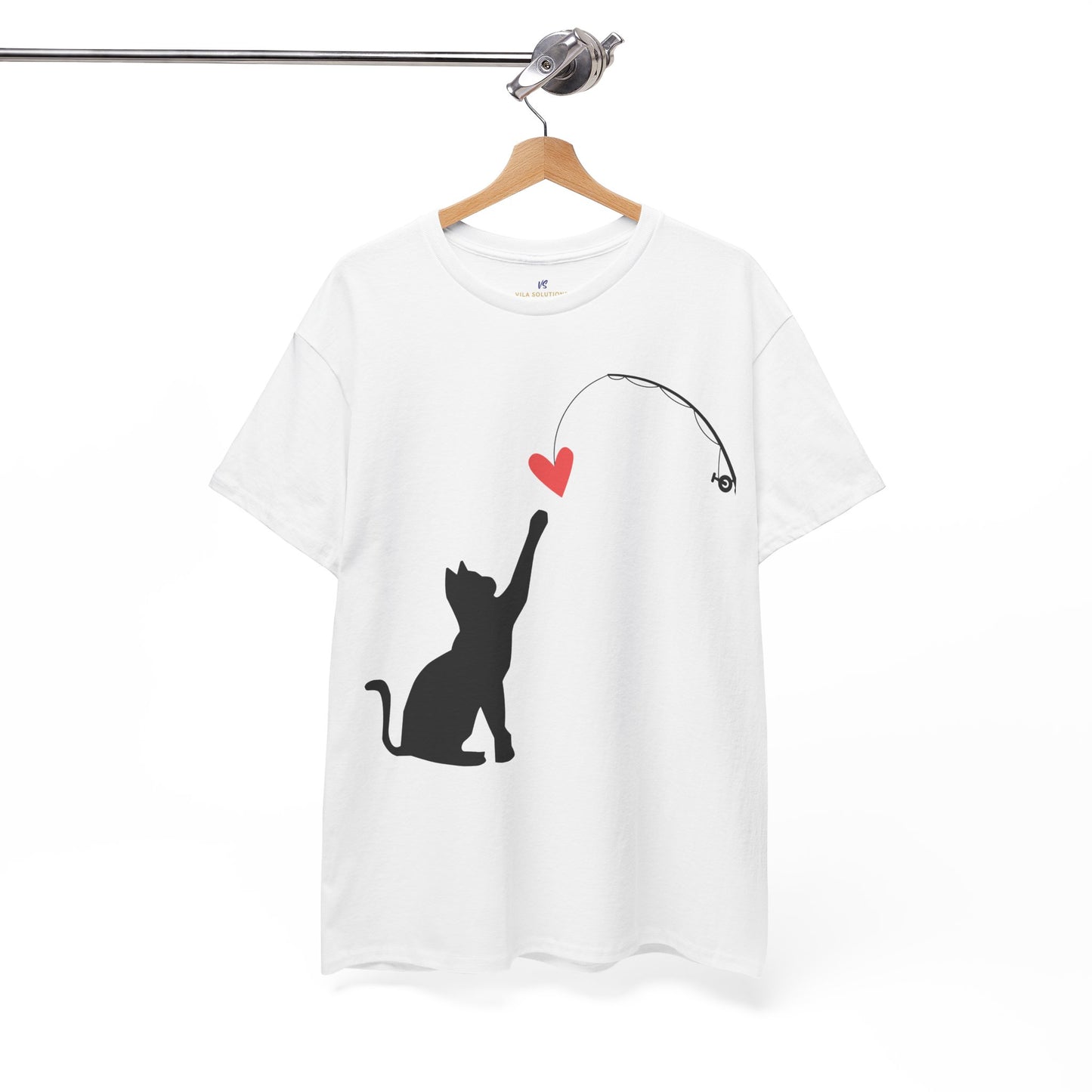 VS Cat Playing Unisex White Tee, Cute Feline Graphic Top.